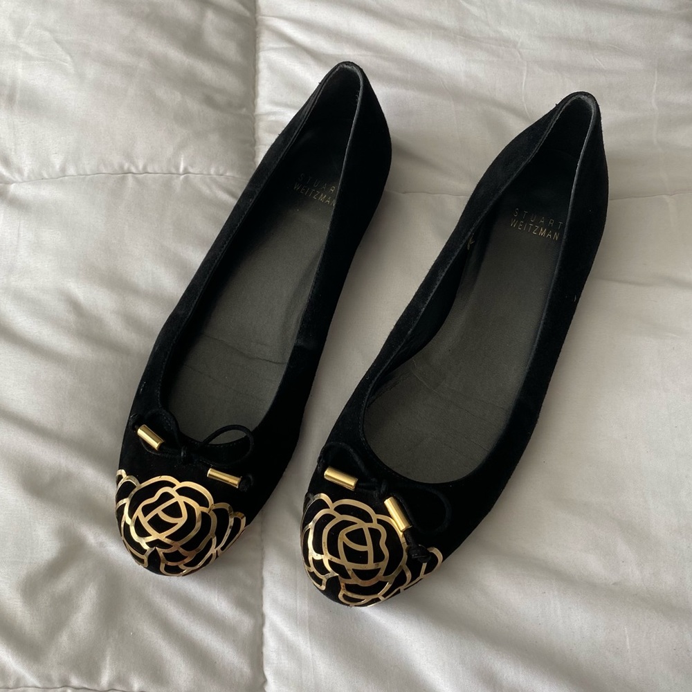 Stuart Weitzman Floral Gold Toe Ballet Flats